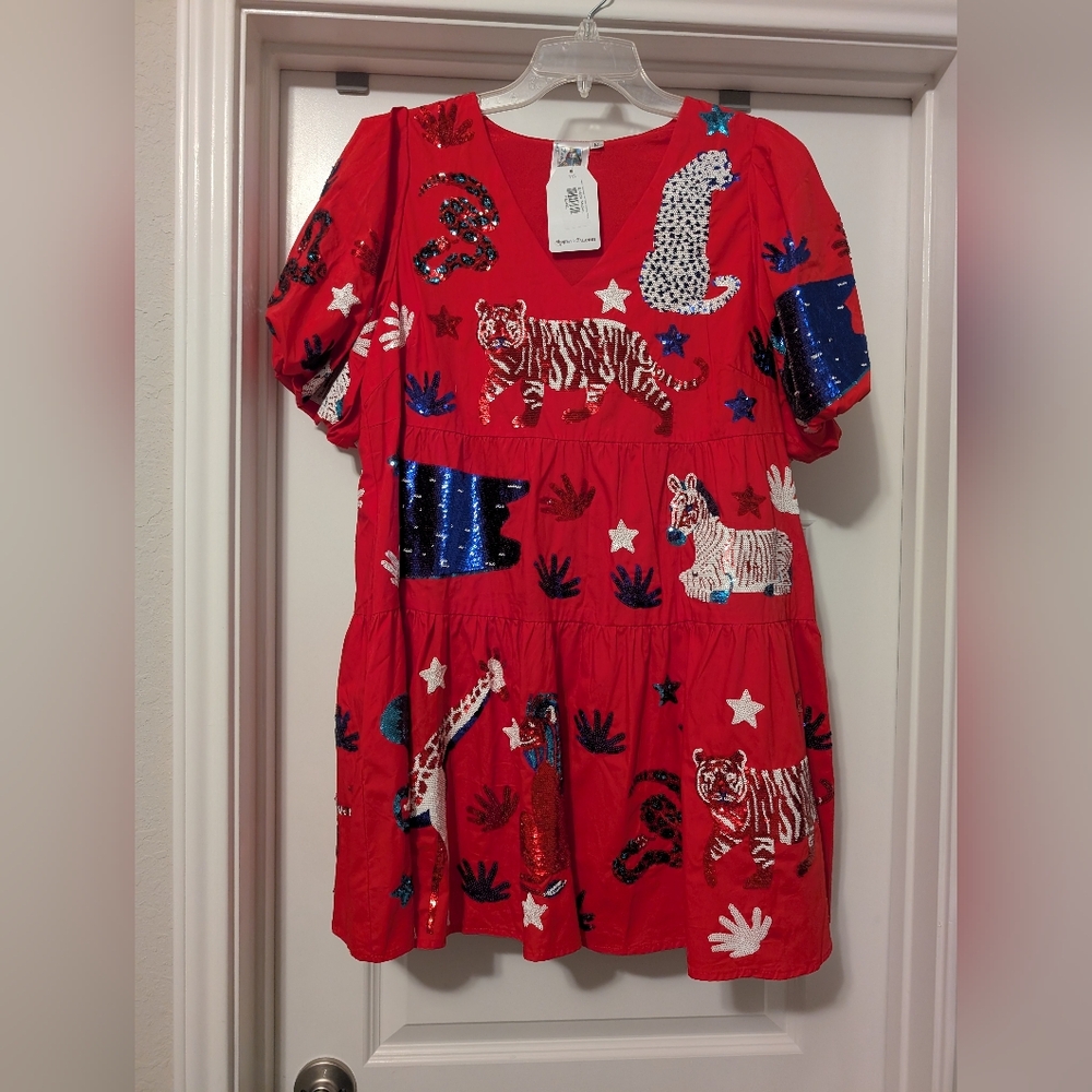 Queen Of Sparkles Red White Blue Animal Print Dress Sequins Medium